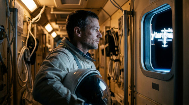 Astronaut looking through portal window inside international space station. Male cosmonaut wearing pressure suit holding helmet. Orbital research laboratory, cosmic exploration mission