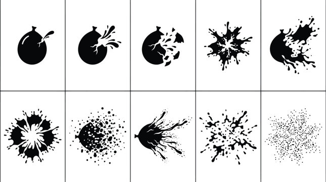 Black Water Balloon Popping Explosion Sequence Vector Silhouette for Motion Graphics, Comic Illustrations & Educational Physics Diagrams (EPS)