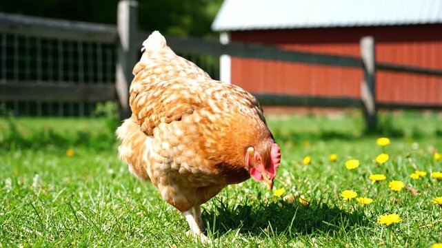 Hens walking on the grass, farm hens pecking at the grass