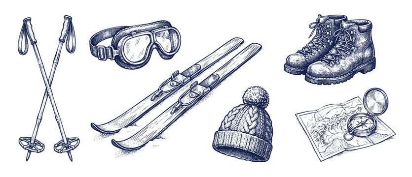 Vintage winter sports gear illustration set with retro skis, hiking boots, ski poles, goggles, knit hat, compass, and map hand drawn in engraving sketch style isolated on white background for travel.