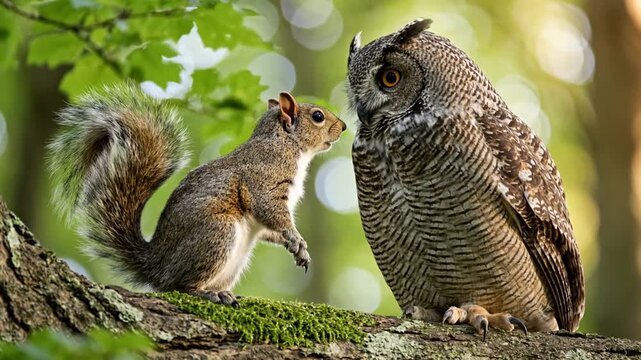 Squirrel and owl together on a forest branch.