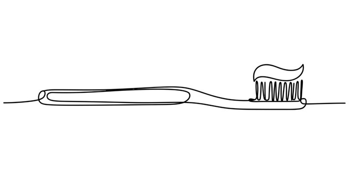 Continuous single line drawing of a toothbrush with toothpaste on it for daily dental hygiene and teeth cleaning Vector, illustration