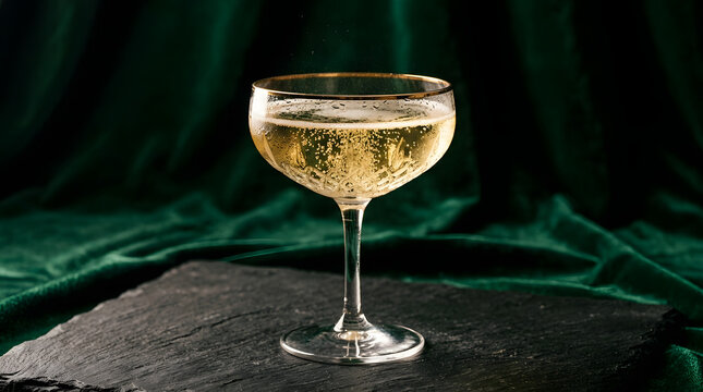 Luxurious champagne coupe with gold rim against dark green velvet background