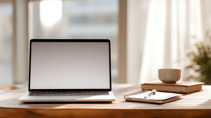 Fototapeta premium Home workspace setup with laptop notebook pen minimal decor soft window light organized desk clean layout neutral tones balanced exposure empty center for productivity concept