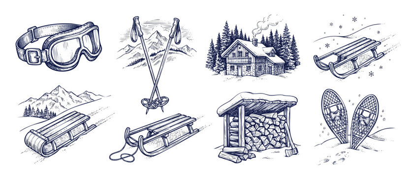 Winter cabin ski illustration set featuring vintage wooden sled, ski goggles, snowshoes, mountains, and log woodpile in hand drawn engraving style for outdoor alpine adventure and winter sports design