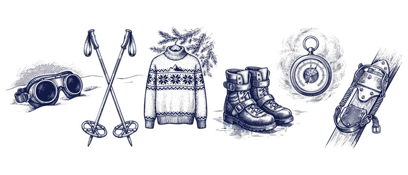 Vintage ski gear engraving illustration containing retro winter sports equipment vector set like antique goggles, crossed poles, knit sweater, leather boots, pocket compass and alpine wooden skis.