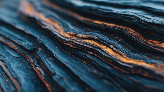 Close-up of layered, textured rock formation with dark and golden hues highlighting natural striations and rugged surface.