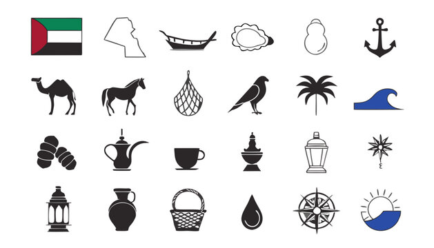 Kuwaiti cultural symbols including flag map dhow camel horse falcon palm tree anchor and coffee pot