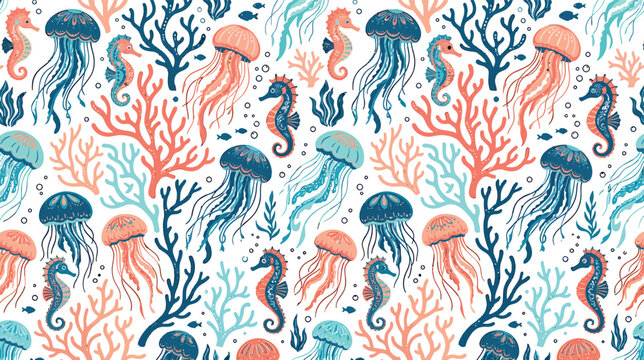 Seamless pattern with jellyfish and seahorses among coral reefs in hand drawn style for textile design