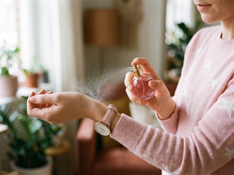 Young woman spraying floral fragrance perfume onto her wrist with fragrance