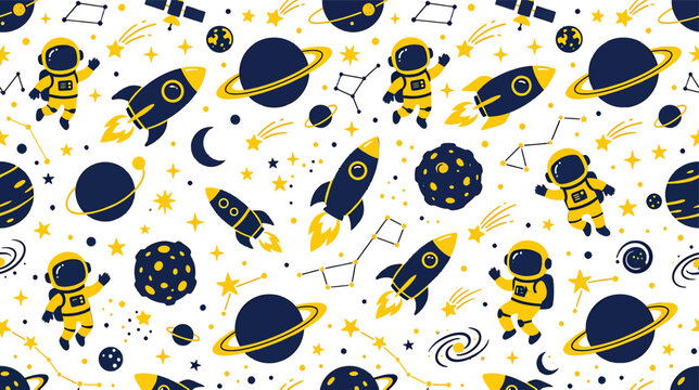 Seamless space pattern with cute astronauts rockets planets and stars in flat vector illustration for kids