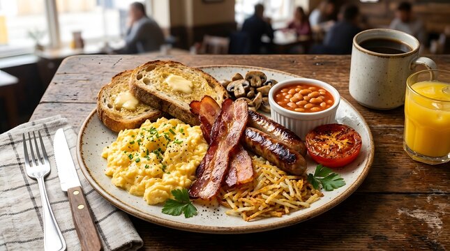 Classic full english breakfast served on a rustic table with coffee and orange juice breakfast sausages restaurant culinary homemade
