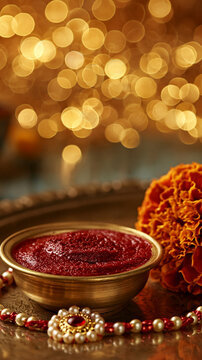 Vertical festive background for Indian holidays featuring a decorative Rakhi bracelet, red kumkum powder in a brass bowl, and an orange marigold flower against warm golden bokeh lights