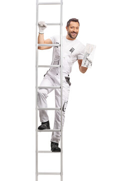 Plasterer climbing a ladder and holding a throwel