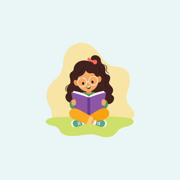 Cute young girl with curly hair reading a book while sitting on the grass education learning knowledge literature intelligence character