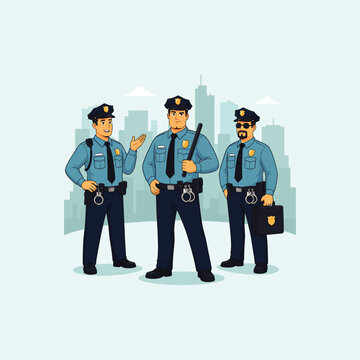 Three police officers in uniform standing together in front of city skyline with policeman enforcement protection security authority policing