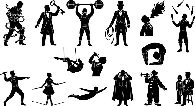 Vintage Circus Performers Silhouette Set with Strongman, Magician, Juggler, Acrobat, and Fire Breather Figures for Carnival Event Posters and Retro Entertainment Graphic Designs