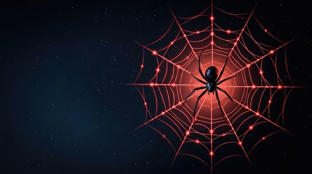 Spooky halloween background with black spider on glowing red web october 31st design element