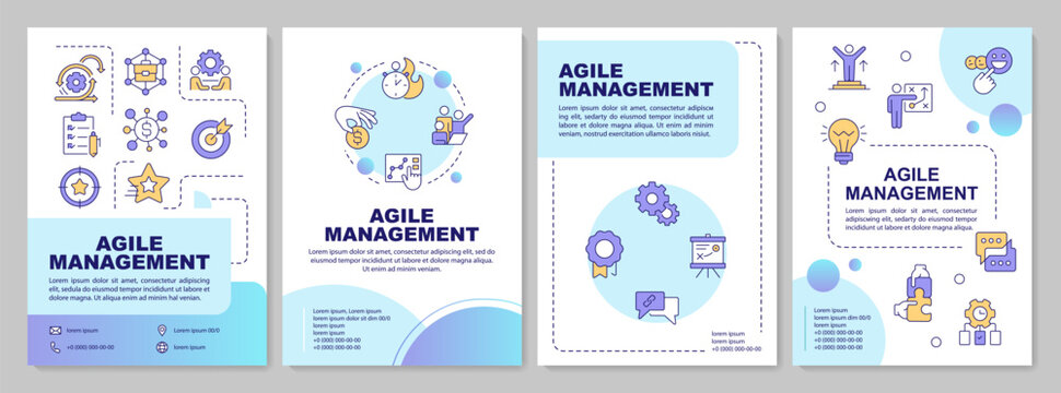 Product development framework blue gradient brochure layout. Strategic project roadmap visualization. Resource allocation. Leaflet advertising design with color line icons. Editable 4 pages