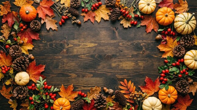 Autumn halloween background with pumpkins maple leaves and pinecones on dark wood