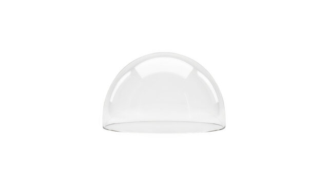 A shallow clear glass dome or bowl cover, hemispherical shape, isolated on a white background, studio product shot, transparent