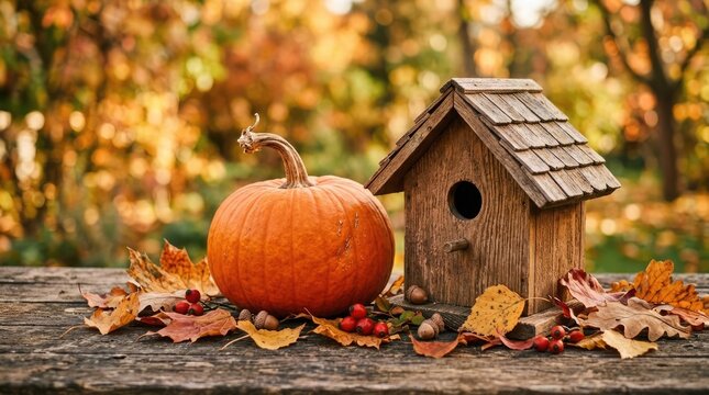 Autumnal halloween background with pumpkin birdhouse and fall leaves on rustic wood