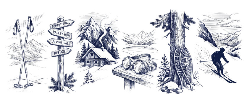 Ski resort vintage illustration set showing winter sports activities, mountain cabin, ski poles, wooden signpost, goggles, snowshoes, and skier in engraving style for retro adventure design.