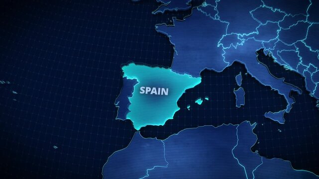 Futuristic 3D digital map highlighting Spain in glowing cyan on a dark blue tech grid background, ideal for broadcast news or corporate presentations.
