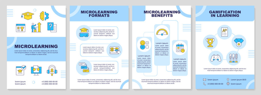 Microlearning blue brochure layout. Educational strategy. Delivering information in bite-sized modules. Learning method. Leaflet advertising design with color line icons. Editable 4 pages