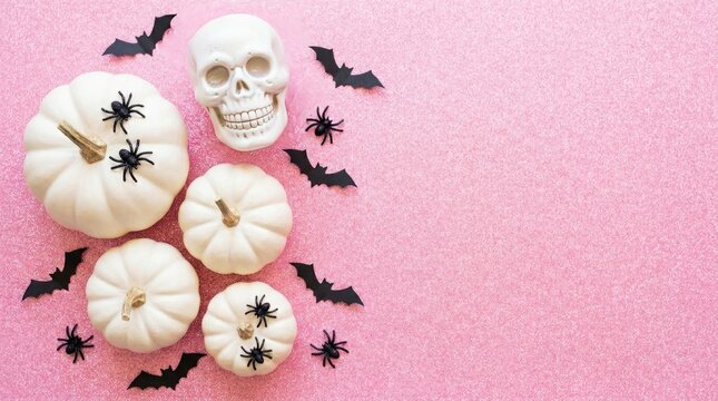 Festive halloween background with white pumpkins skull bats and glitter on pink