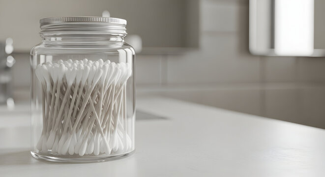 Cotton Swabs in Glass Jar on Bathroom Counter