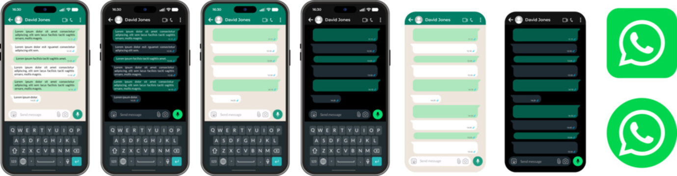 WhatsApp messenger interface design, multiple smartphone chat screen layouts, comprehensive collection of WhatsApp UI app design elements