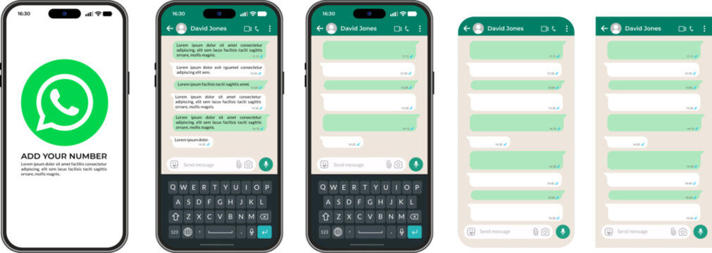 Comprehensive WhatsApp messaging ui kit, set of light mode smartphone chat templates, modular UI design elements for seamless WhatsApp communication experiences