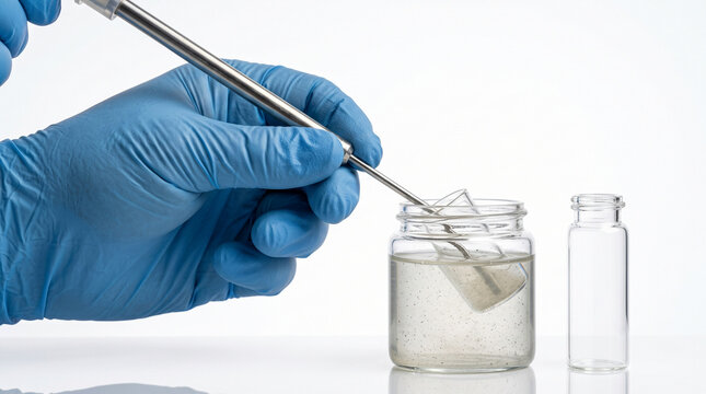 Gloved Hand Collecting Water Sample in Laboratory Jar