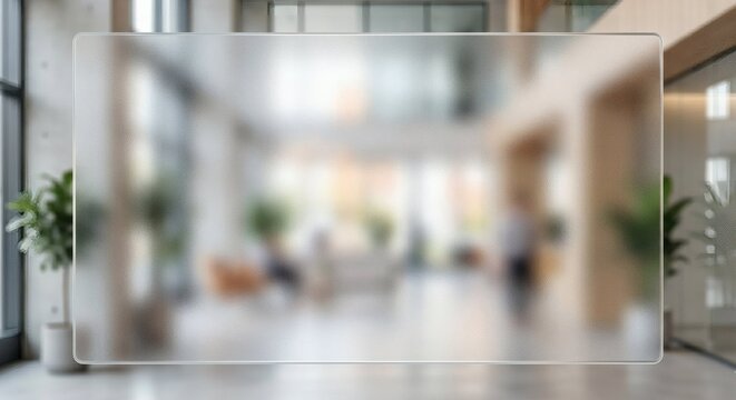 Blurred unfocused bokeh background modern commercial office building lobby interior spacious glass frame window template layout look