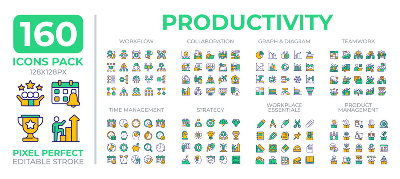 Productivity colorful icons set collection. Effective work performance. Manufacturing qualitative products mega pack of flat line symbols, pixel perfect. Isolated vector illustrations. Editable stroke