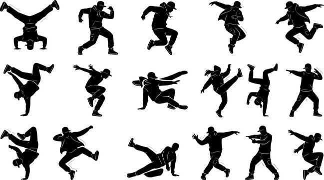Street Dance and Hip Hop Silhouette Set with Breakdancers Performing Headspins, Handstands, and Energetic Urban Moves for Youth Culture Posters and Fitness Branding Designs