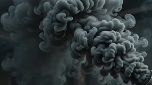 Industrial metallic pipe emitting a thick continuous stream of dark charcoal volumetric smoke captured in a cinematic static steady shot
