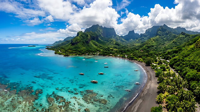 Aerial view of bora tropical lagoon with black sand beach and mountains tropical mountains paradise coastline volcanic landscape vacation polyneisa destination