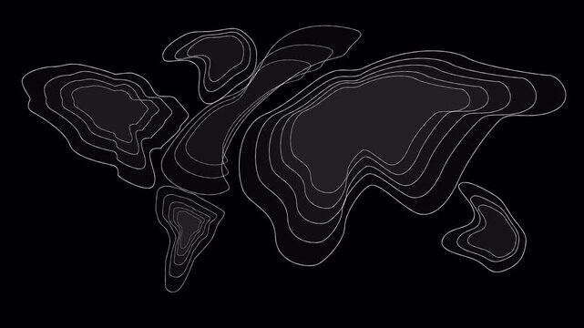 Abstract Topographic Map of World Continents with Glowing Contour Lines.