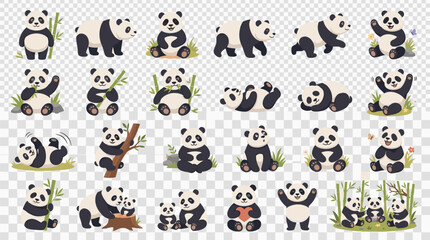 Adorable panda bears in various playful poses on a transparent background for easy integration © Arafat. Vector
