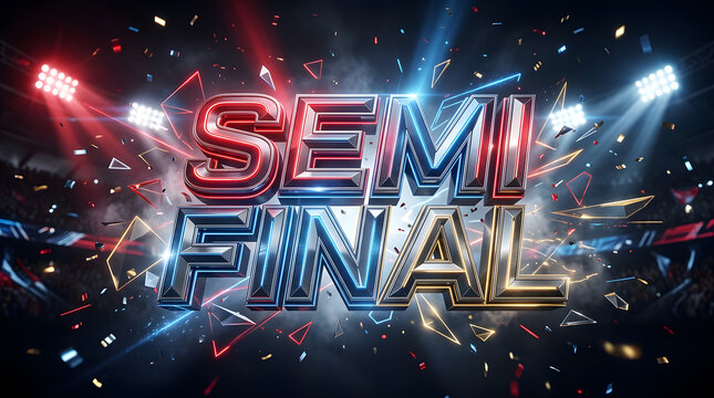 Cinematic 3D Semi Final Text with Dynamic Blue and Red Neon Lighting for Sports Tournament Championship Backdrop
