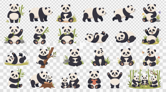 Adorable panda bears in various playful poses on a transparent background for easy integration