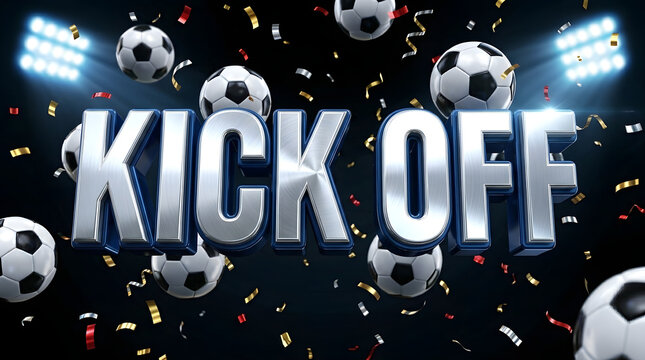 Kick Off 3D Text Design with Soccer Balls and Stadium Lights - Sports Event Celebration