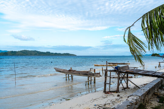 Canoe on stilts at Malenge Island, Togian Archipelago, Indonesia