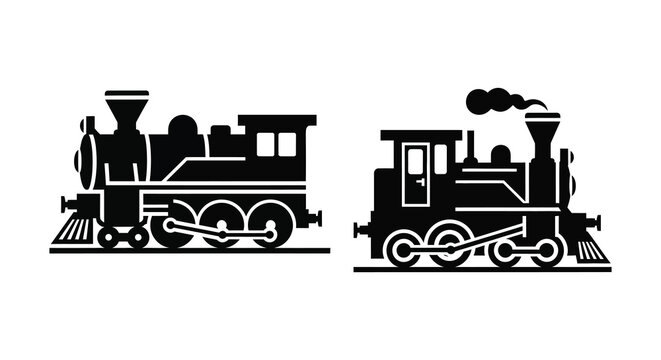 Two Steam Locomotives Black Silhouette Against White Background