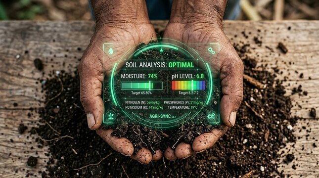 Hands holding soil with digital analysis results.
