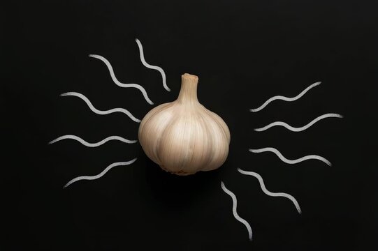 Whole garlic bulb centered on a black background with white wavy lines suggesting aroma