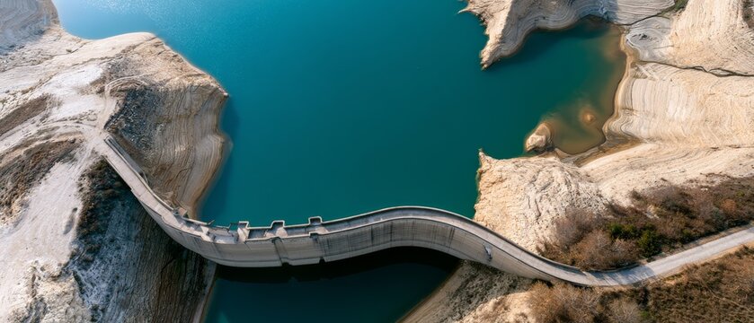 Water reservoir bridge crosses a dry area with blue water under bright sky near rocky terrain