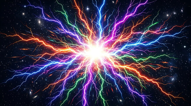 Radiant colorful electrical lightning bursts in deep space with lightning electricity colorful explosion abstract electric radiation background